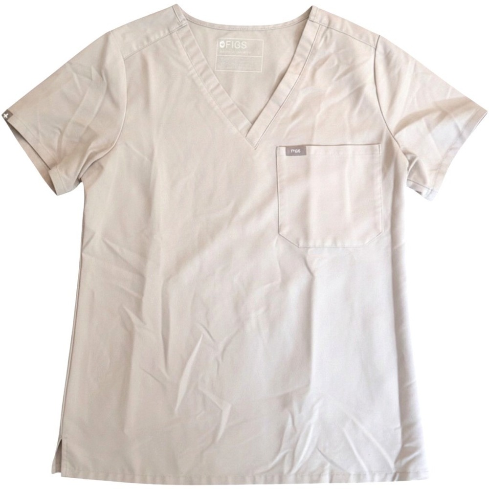 FIGS Scrub Top Small Stone Tan FIONx Leon V-Neck One-Pocket Minimalist Soft